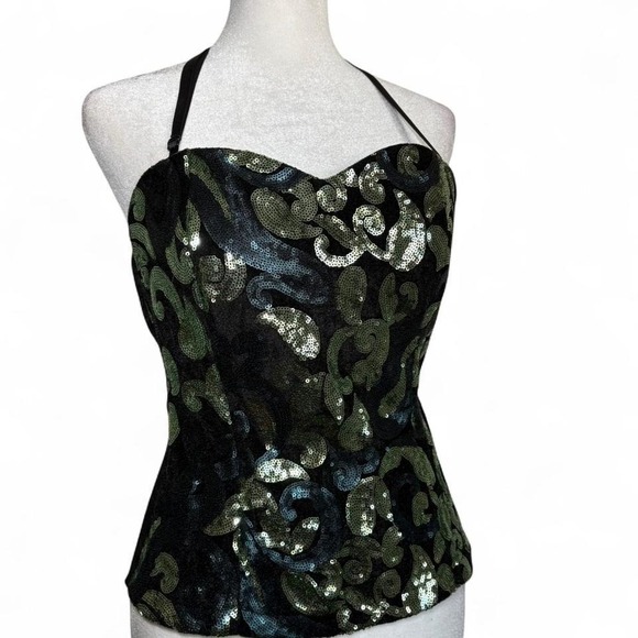 Vintage Y2K Wildcat Women's Medium Sequin Black Corset Top Halter Stretch - Picture 1 of 8
